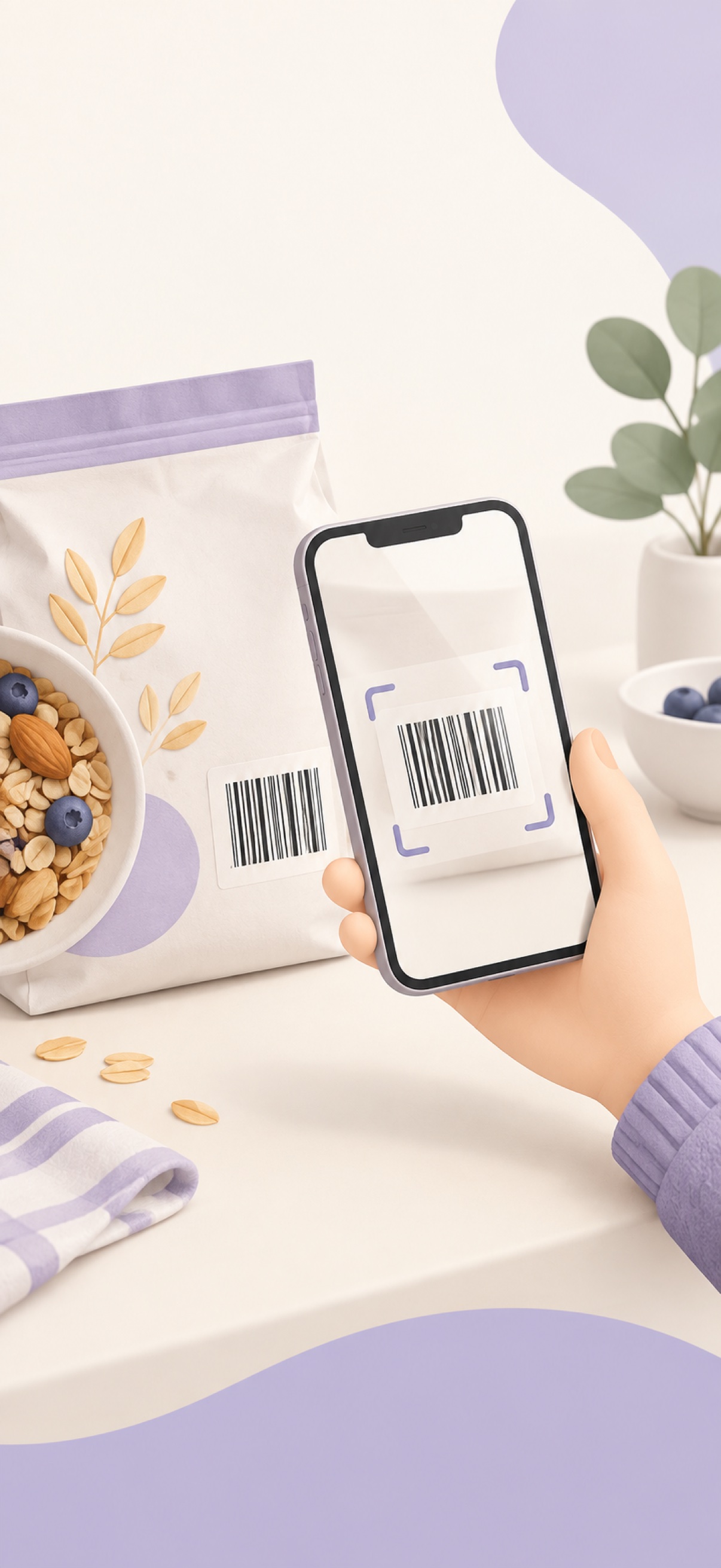 食品パッケージのバーコードをスマートフォンで読み取るイラスト